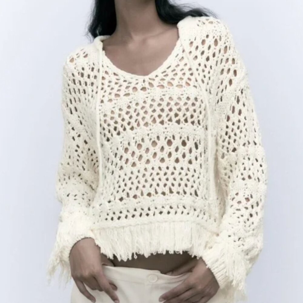 ZARA Fringe Tasseled Open Knit Crochet Style Sweater Cream White Size M NWT
